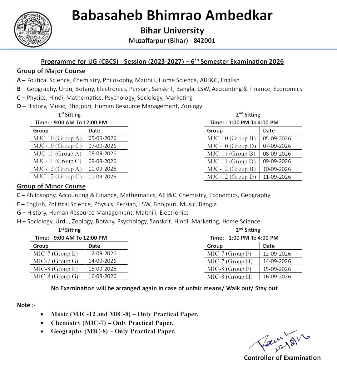 BRABU UG 6th Semester Exam Date 2026